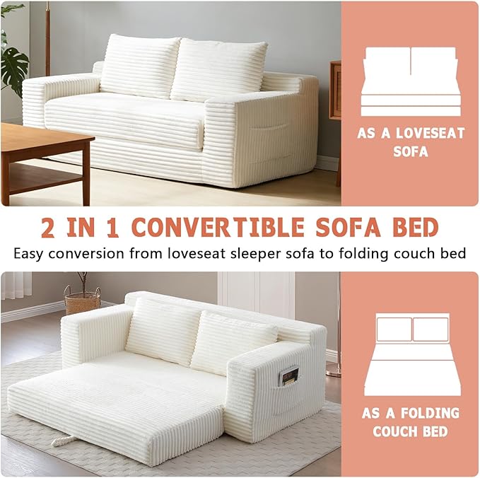 73 Boneless Loveseat Couch 2 in 1 Pull Out Sleeper Sofa with Side Pockets &amp 2 Pillows Folding Convertible Corduroy Floor Couch for Apartment Living Room Bedroom No Assembly(Beige)