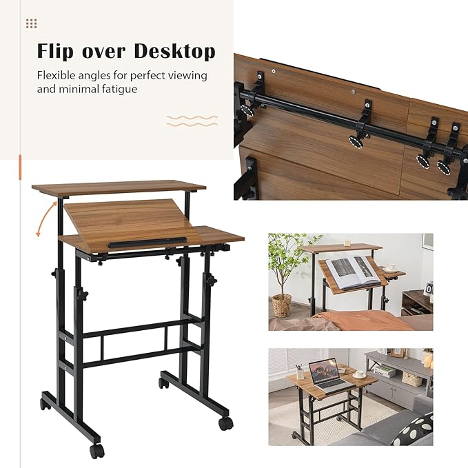 Tangkula Mobile Stand Up Desk Height Adjustable Home Office Desk with Standing &amp Seating 2 Modes Tilting Tabletop &amp Flexible Wheels Rolling Laptop Cart Sit Stand Desk (Walnut)