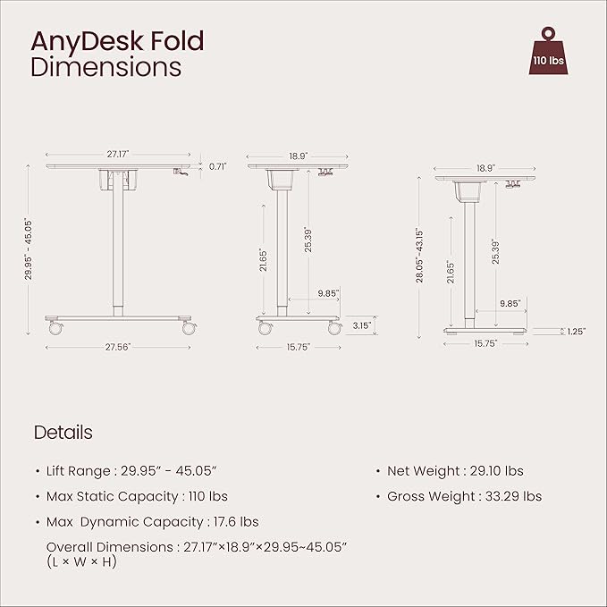 TopJob ANYDESK FOLD Mobile Standing Desk Portable with Lockable Wheels Foldable Stand Desk Rolling Computer Workstations Used for Home Couch Side Table Bedside Table in Bed Room Kitchen