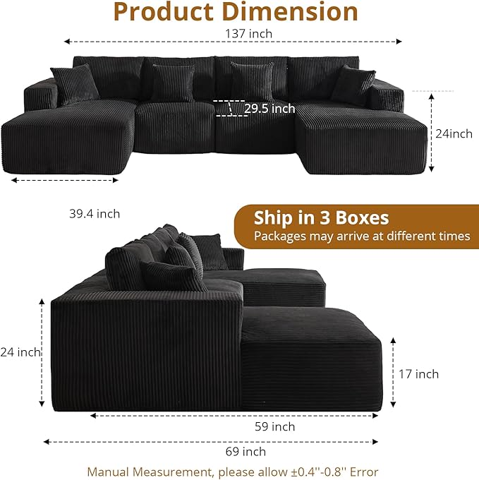137 Sectional Cloud Couch Modular Modern U-Shaped Sofa with Chaise Lounge Corduroy Fabric No Assembly Required Convertible Compression Sleeper Sofa for Living Room Apartment Bedroom