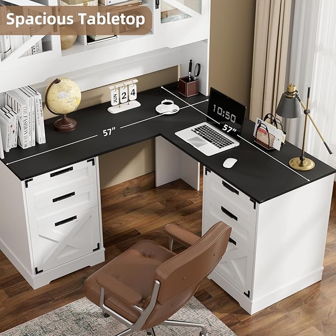 VOWNER 57 Farmhouse L Shaped Desk with Hutch Executive Desk with Charging Station Home Office Desk with Sliding Doors and File Cabinet Wood Corner Computer Desk with Drawers for Home Office White