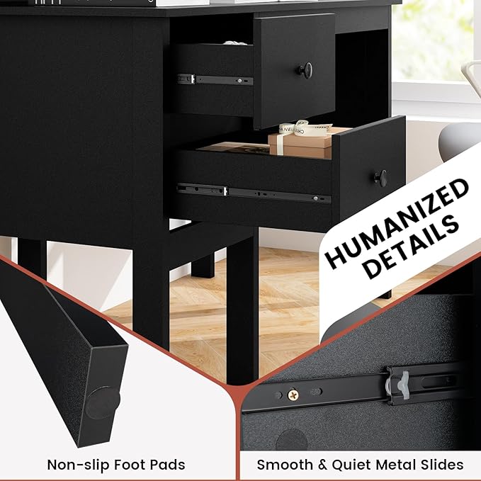 LDAILY Modern Home Office Desk with Hutch Office Desk with USB Charging Ports and Power Outlets Computer Desk with 5 Storage Cubbies and 2 Drawers Writing Study Desk for Bedroom (Black)
