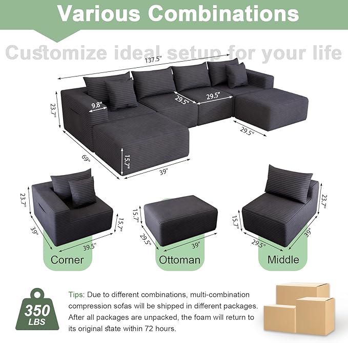 Oversized Cloud Modular Sofa – Deep Seat Corduroy Couch with Pillows No Assembly Convertible &amp Customizable Design Soft All-Foam Comfort for Living Room &amp Bedroom (Gray Loveseat)
