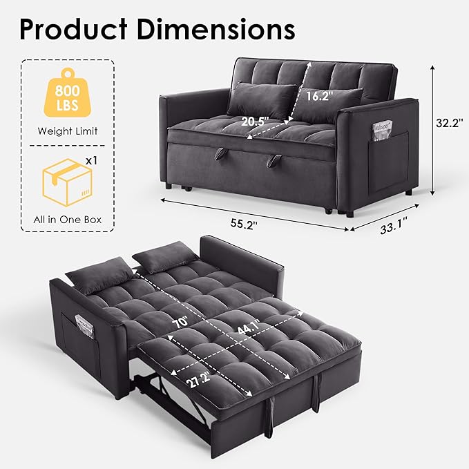 Dreamzie 3 in 1 Convertible Sleeper Sofa Bed Pull Out Couch for Living Room with Side Pocket Loveseat Sleeper with Adjustable Backrest (Fabric Dark Grey)