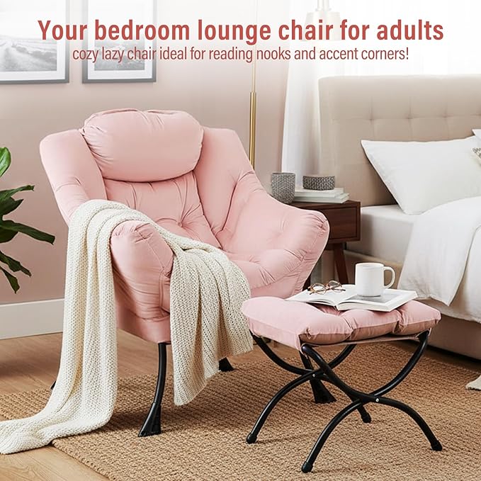 Lazy Chair with Ottoman Modern Chair with Folding Footrest Lounge Accent Chair Comfortable Reading Chair Oversized Armchairs for Bedroom Study Living Room Courtyard (Pink)