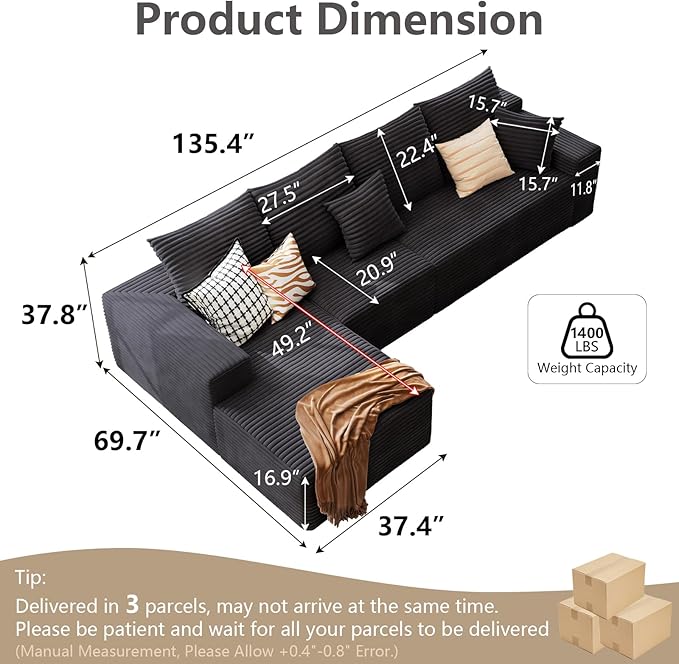 135.4 Cloud Sectional Couch with L-Shape Chaise Modern Modular 4-Seater Sofa with Deep Seat Corduroy Upholstered Couches for Living Room Bedroom No Assembly Required(Black Left Facing)