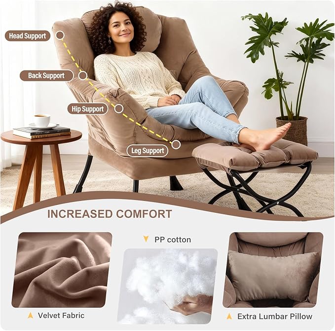 Lazy Chair with Ottoman Modern Accent Chair with Lumbar Pillow Velvet Khaki Sofa Armchairs with Folding Footrest Oversized Supportive Chairs for Bedroom Reading