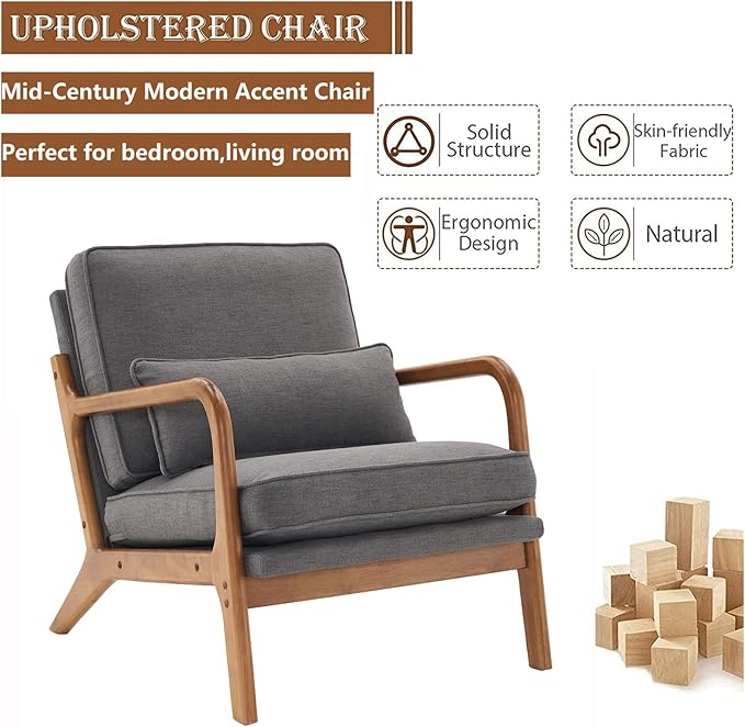Accent Chair for Living Room Mid-Century Modern Upholstered Armchair with PillowReading Arm ChairComfy Accent Chair for Bedroom