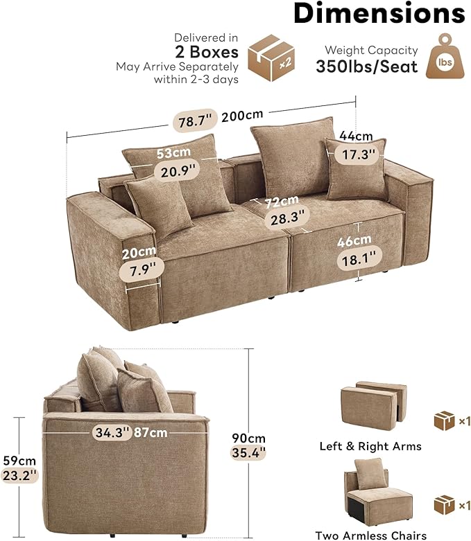 WILLOVE 78'' Modular Sectional Sofa Chenille Cloud Couch with Wide Armrests &amp 4 Pillows Deep Seat Couches for Living Room Beige