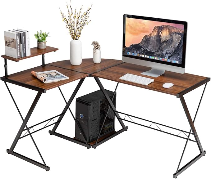 Tangkula L-Shaped Computer Desk 58 Inches Corner Computer Desk with Movable Shelf &amp CPU Stand Space Saving Computer Workstation Home Office Desk (Brown)