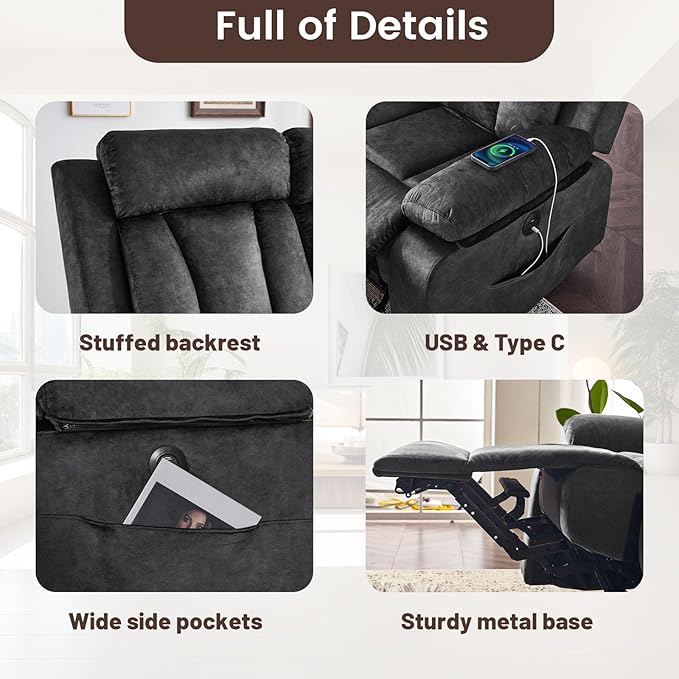 Power Reclining Loveseat with Massage &amp Heat Loveseat Recliner Sofa with Cup Holders Electric Recliner RV Sofa with USB/Type C/Side Pocket Wall Hugger Loveseat for Living Room