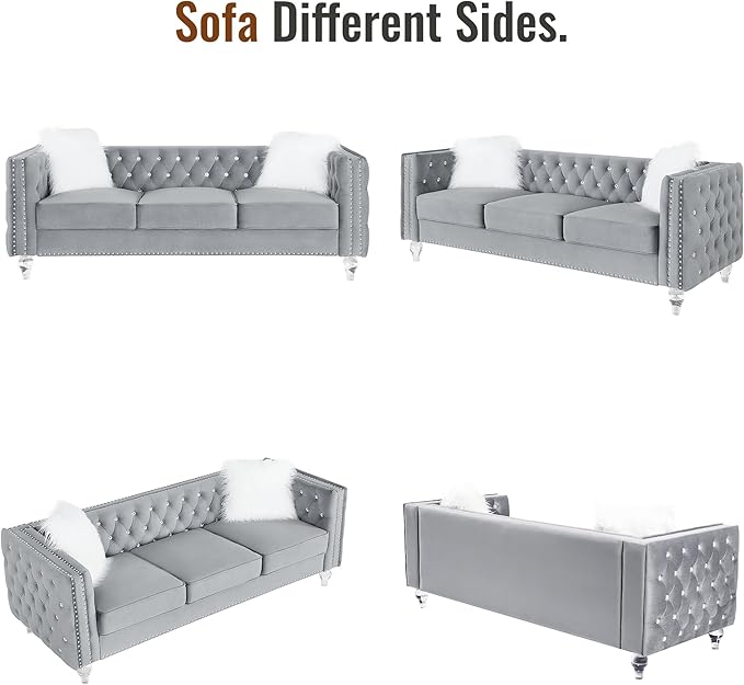 Luxury 3 Seater Sofa Couch with Acrylic Crystal LegsChesterfield 3-Seater SofasModern 83 Diamond Button Tufted 3 Seat Couches with Silver Nailhead Trim for Living Room (Gray 3 Seater)