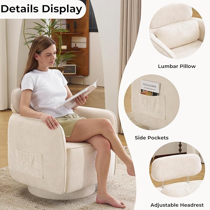 Modern 360°Swivel Accent Chair Set of 2 with Adjustable Headrest Round Swivel Barrel Chairs with Lumbar Pillow Vanity Chair for Makeup Comfy Living Room Armchair for Living Room Bedroom Beige