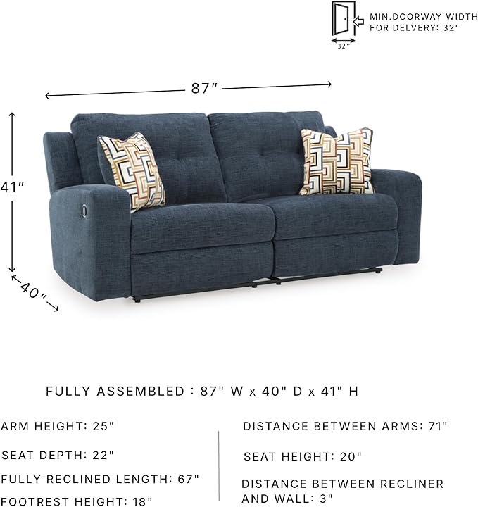 Signature Design by Ashley Danum Modern Manual Pull Tab Reclining Sofa with Tufed Back Cushion Blue