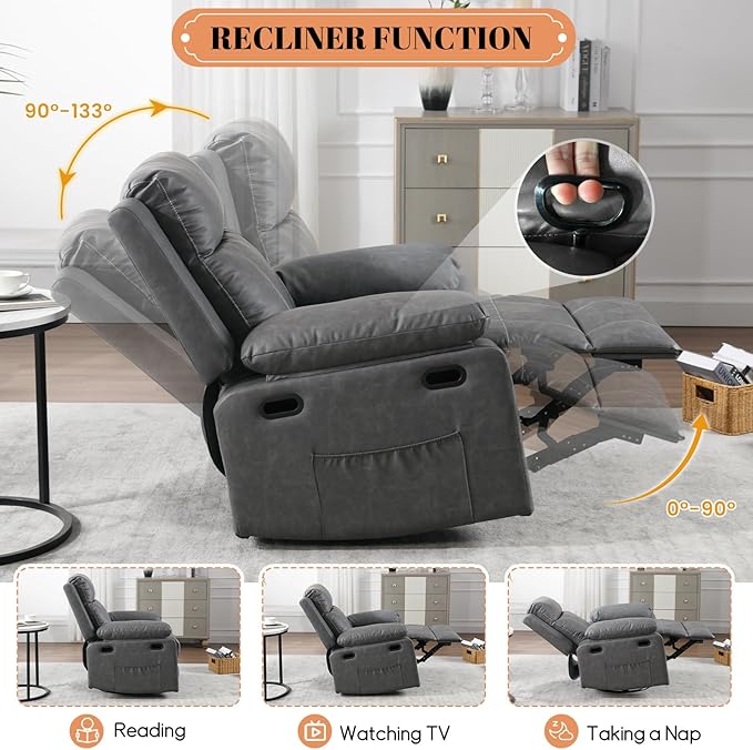 Massage Recliner Chair for Adults360 Degree Manual Swivel Rocker Recliner with Heat and VibrationPU Leather Glider Rocking Reclining Chair for Home Theater SeatingLoungeNurseryLiving Room(Grey)