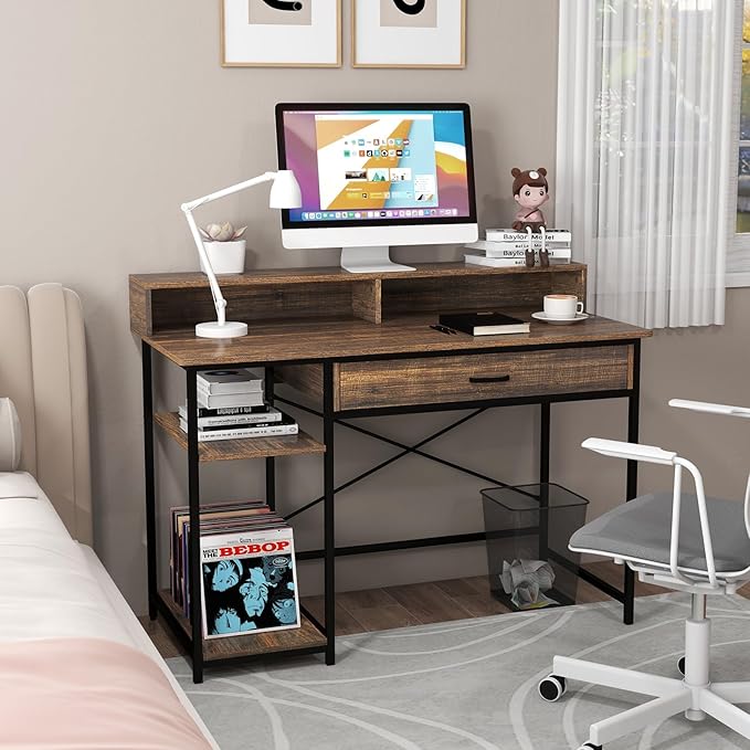 Giantex Computer Desk with Monitor Shelf 48 Home Office Writing Desk with Drawer Storage Shelves CPU Stand Study Desk Table Workstation for Bedrooms Rustic Brown