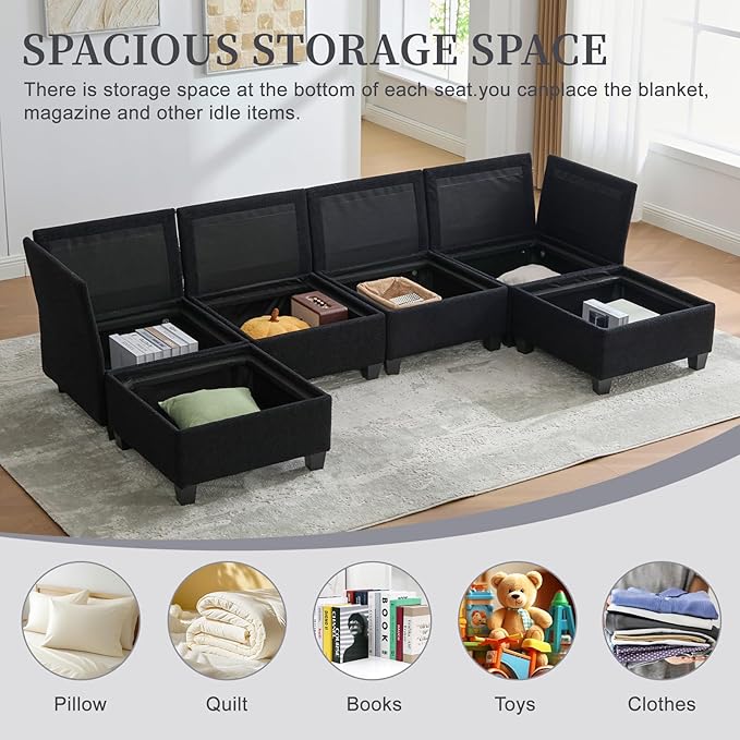 113 Modular Sectional Sofa Couch with Storage U Shaped 4 Seat Couches with Movable Ottoman Freely Combinable Deep Seat Sofa Upholstered Sectional Couches for Living Room Black