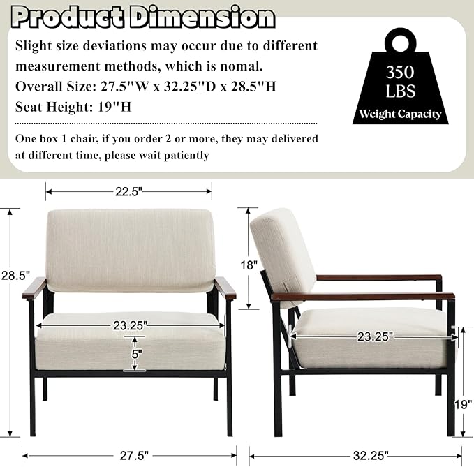 Mid Century Modern Accent Chair Set of 2 Wide Oversized Guest Reception Armchair Linen Fabric Upholstered Comfy Leisure Chair with Black Meta Frame Lounger Chair for Living Room Beige