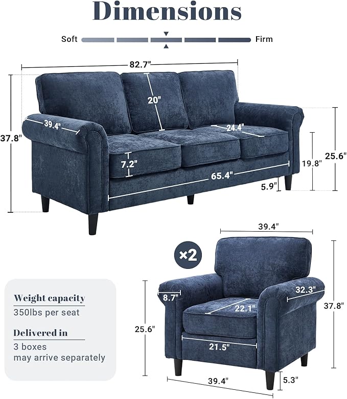 Kingfun 3 Seater Couch Mid Century Modern Sofa Set with Rolled Arms and Deep Seats Fluffy Comfort for Living Room Apartment Easy Assembly Blue