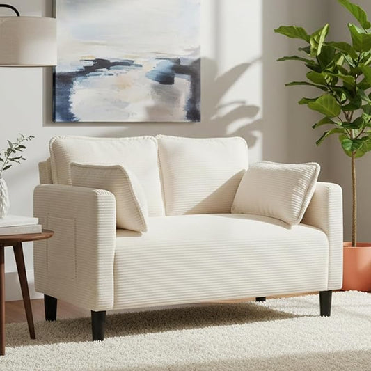 Beige Loveseats for Small Spaces 48 Inch Corduroy Couch with Side Pocket Modern 2 Seater Sofa Couch for Small Apartment Bedroom &amp Home Office High Rebound Sponge Easy Assembly (Beige 48”) |