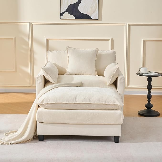 Oversized Accent Chair with Ottoman Chenille Cloud Single Sofa Upholstered Double-Layer Seat Lounge Armchair with Pillows for Living Room Reading Apartment Beige