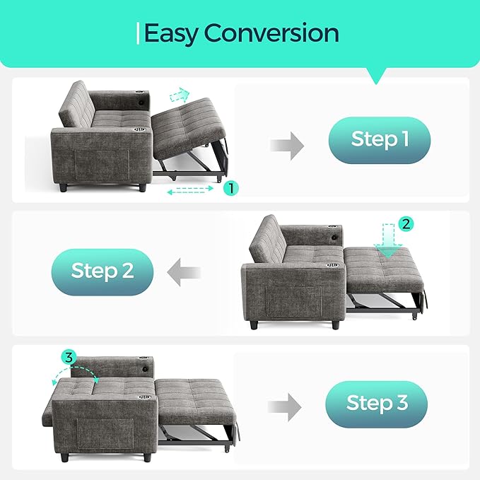 LINSY Sleeper Sofa Bed 54 Pull Out Couch with Charging Station &amp Cup Holder Small 3 in 1 Convertible Loveseat Sleeper Couch for Apartment Dorm Room Bedroom and Small Space Chenille Gray