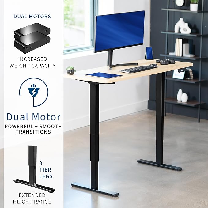VIVO Electric 60 x 24 in Dual Motor Sit Stand Desk Memory Height Adjustment 2B Series Light Wood Top Black Frame DESK-KIT-2B6C