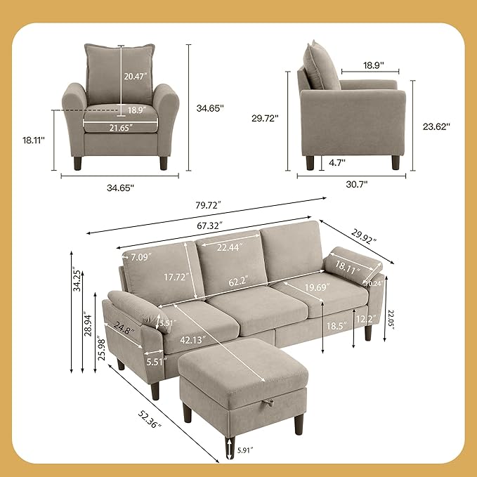 Convertible Sectional Sofa Set 79 Modern L Shaped Couch Linen Upholstered 3 Seat Sofa and 35 Accent Chair Couches for Living Room Apartment Beige