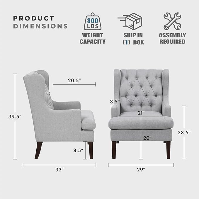 Lexicon Living Room Accent Chair Textured Fabric Upholstered Reading Chair Button-Tufted High Wingback for Living Room/Bedroom/Office Gray