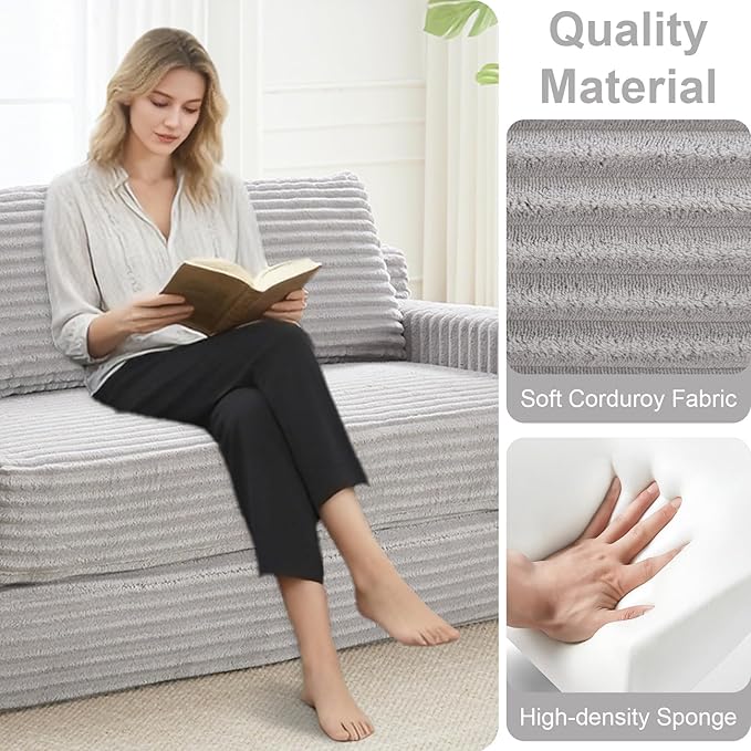 GNIXUU Corduroy Cloud Loveseat Sofa 2 in 1 Convertible Sleeper Sofa with Fixed-Shape Frame Comfy Folding Boneless Love Seat Couches for Living Room Apartment Small Spaces Grey