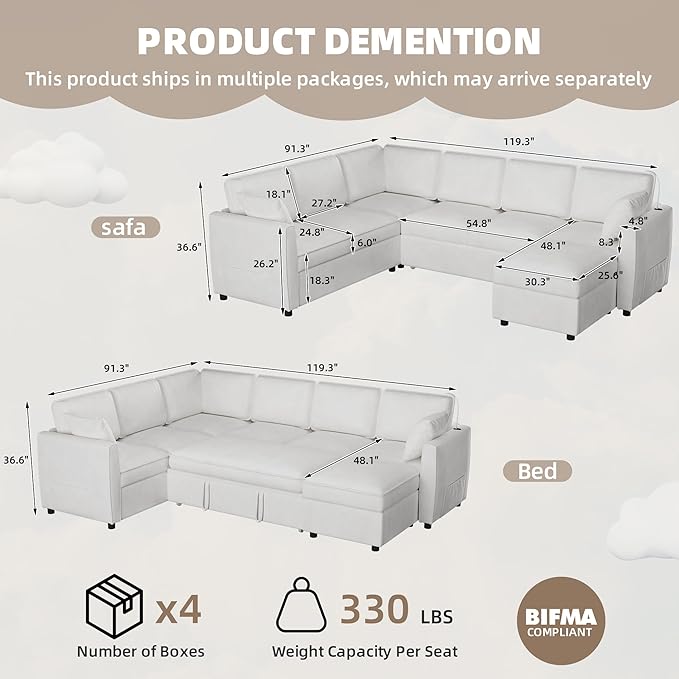 120 Sectional Sofa Couch with Pull out Bed 7 Seat U Shaped Pull out Couch Bed with USB Ports Velvet Modular Sleeper Sofa Bed with Throw Pillows Large Sectional Couches for Living Room Beige