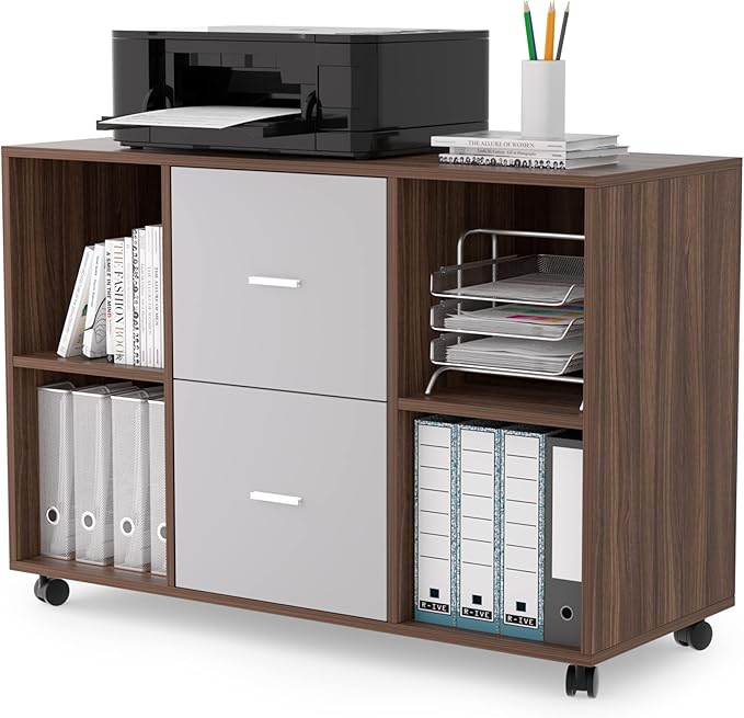 Mobile lateral Filing Cabinet with 2 Drawers and 4 Open Storage cabinets for Home Office Walnut Light Gray
