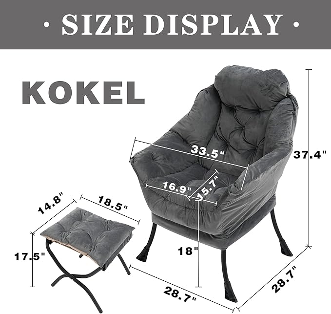 Kokel Lazy Chair with Folding OttomanLiving Room Chairs Accent Contemporary Lounge Chair Single Steel Frame Leisure Sofa Chair with Armrests and A Side Pocket (Dark Gray)