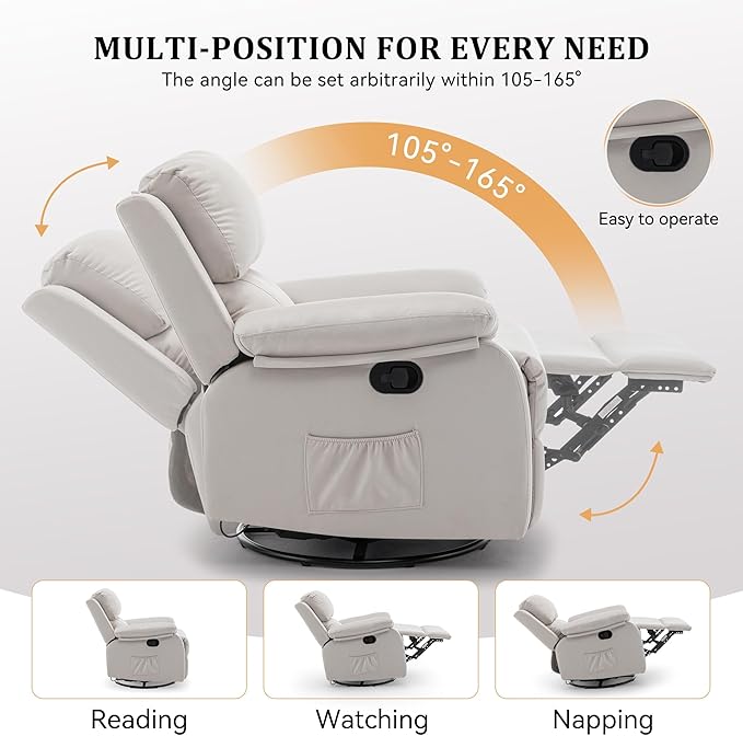 Recliner Chair 360 Swivel Rocker Chair for Adults Small Rocking Recliner for Small Spaces Upholstered Fabric Glider Recliner Nursery (Swivel Rocker Recliner Off White)