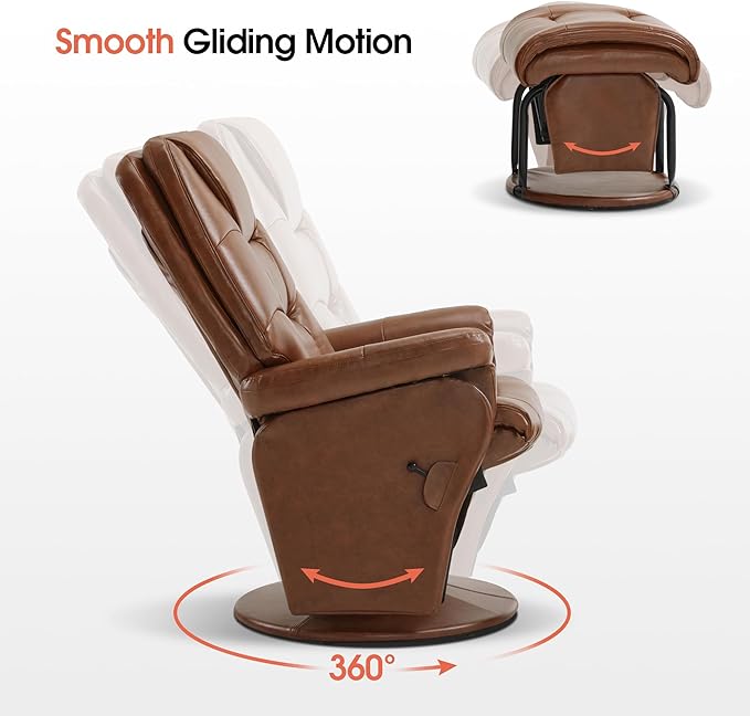 MCombo Swivel Glider Recliner with Ottoman Reclining Chair with Adjustable Back Faux Leather Upholstered Lounge Chair for Living Room Bedroom 4800 (Brown)