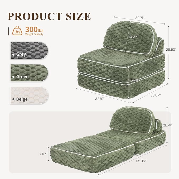 Folding Sofa Bed 3-in-1 Convertible Sleeper Chairs with PillowBack Support Fuzzy Fabric Floor Couch Bed for Adults Boneless Couches Living Room Bedroom Apartment Green