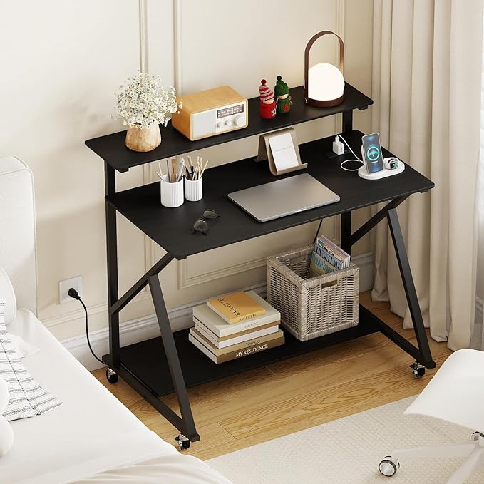 Tangkula 39.5 Mobile Computer Desk with Power Outlets Rolling Laptop Workstation with Monitor Stand &amp Storage Shelf Gaming Writing Desk with Lockable Wheels for Home Office Bedroom (Black)