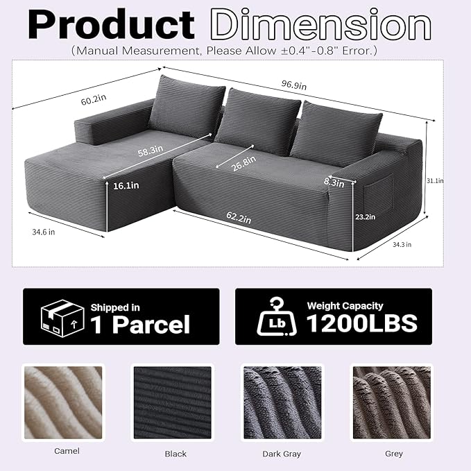 97 Cloud Sectional Couch Modern Boneless Couch with L-Shape Chaise Deep Seat Modular Sectional Sofa Corduroy Corner Foam Couches for Living RoomNo Assembly Required(Dark Gray Left Chaise)