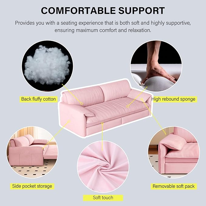 Futon Sofa Bed Queen Size66 Pull Out Sofa Bed with Side Storage Multi-Functional Velvet Sleeper Sofa for Living Room Bedroom Apartment Office Small SpacePink