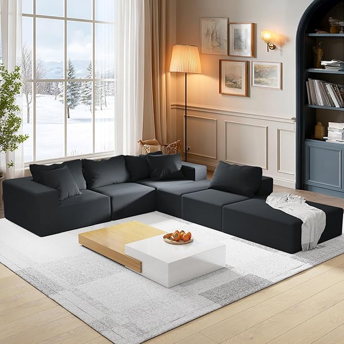 170” Modular L-Shaped Sectional Sofa Cloud Chenille Couch with 6 Pillows No-Assembly Customizable Sofa for Living Room &amp Bedroom Black