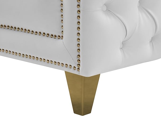 Meridian Furniture 651White-L Michelle Collection Modern | Contemporary Loveseat with Deep Button Tufting Gold Nailhead Trim and Sturdy Gold Iron Legs White Vegan Leather 66 W x 34 D x 30 H