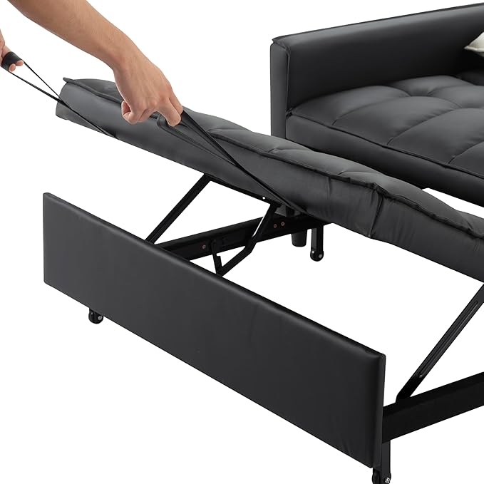 3 in 1 Convertible Sofa Bed Love Seat Sleeper Bed with Side Pockets PU Fabric Pull Out Couch with Adjustable Backrest for Living Room Bedroom Apartment Black