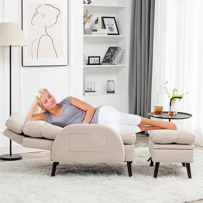Accent Chair with Ottoman Comfy Reading Chair and Ottoman Set Modern Oversized Lounge Armchair with Adjustable Backrest for Living Room Bedroom Velvet Khaki