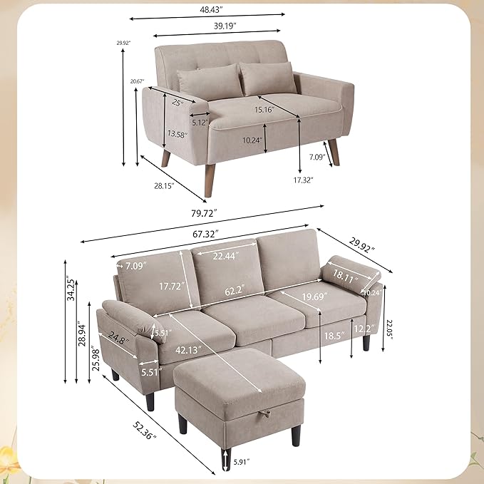 2 Piece Sectional Sofa Set 3-Seat Small L Shaped Couch with Storage Ottoman and 2 Seat Loveseat Sofa Set Polyester Fibre for Living Room Beige