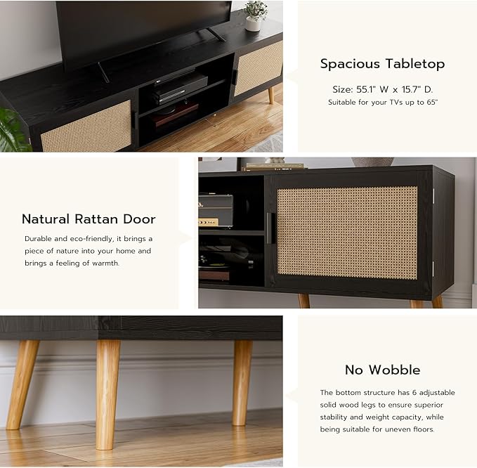 TV Stand for TVs up to 65'' Entertainment Center with Rattan Door Shelves &amp 2 Cabinets Boho Media TV Console for Living Room Bedroom Black