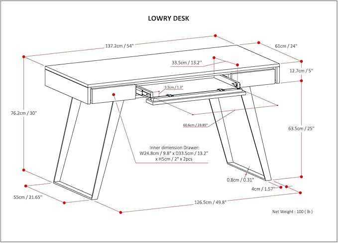 SIMPLIHOME Lowry Desk - 54 Inch Wide Solid Walnut Veneer and Metal Writing Desk Modern Industrial Home Office Computer Table for Workspace with 2 Drawers and Flip-Down Keyboard Tray