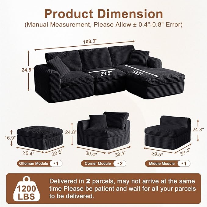 108” Modular Sectional Sofa Couches L Shaped Couch 3 Seater Cloud Sofa Memory Foam Sectional Couches for Living Room Boneless Couch with Ottoman Corduroy Black