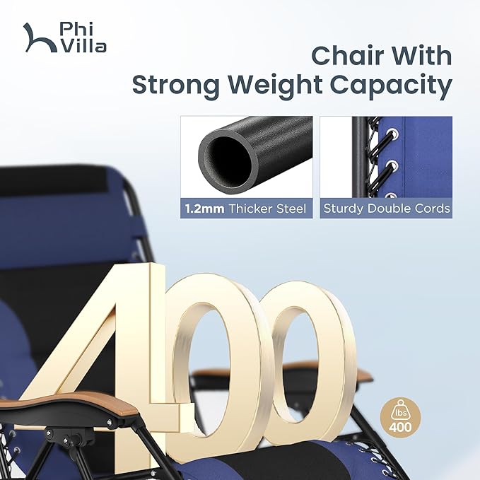 PHI VILLA XXL Oversized Padded Zero Gravity Chair Foldable Patio Recliner 30 Wide Seat Anti Gravity Lounger with Cup Holder Support 400 LBS (Navy Blue)
