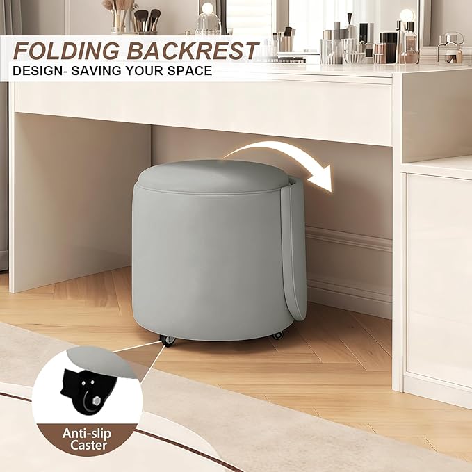 Rolling Round Vanity Chair with Storage Swivel Makeup Chair with Folding Back PU Leather Small Upholstered Ottoman for Bedroom Living Room