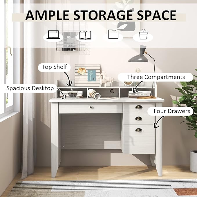 GLACER 48 Computer Desk with 4 Storage Drawers &amp Hutch Home Office Desk with Cable Hole for PC Laptop Wooden Writing Workstation Gaming Desk for Office Study Bedroom Small Spaces (White)